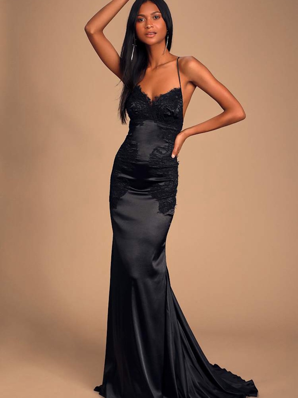 Lulu's Fantasy Come True Black Lace
Satin Lace-Up Maxi Dress
